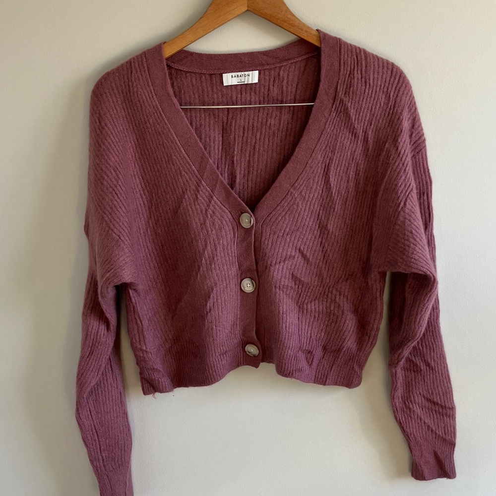 Aritzia Babaton Luxe Cashmere Canberra Button-Up Cardigan mauve size large - Picture 4 of 8